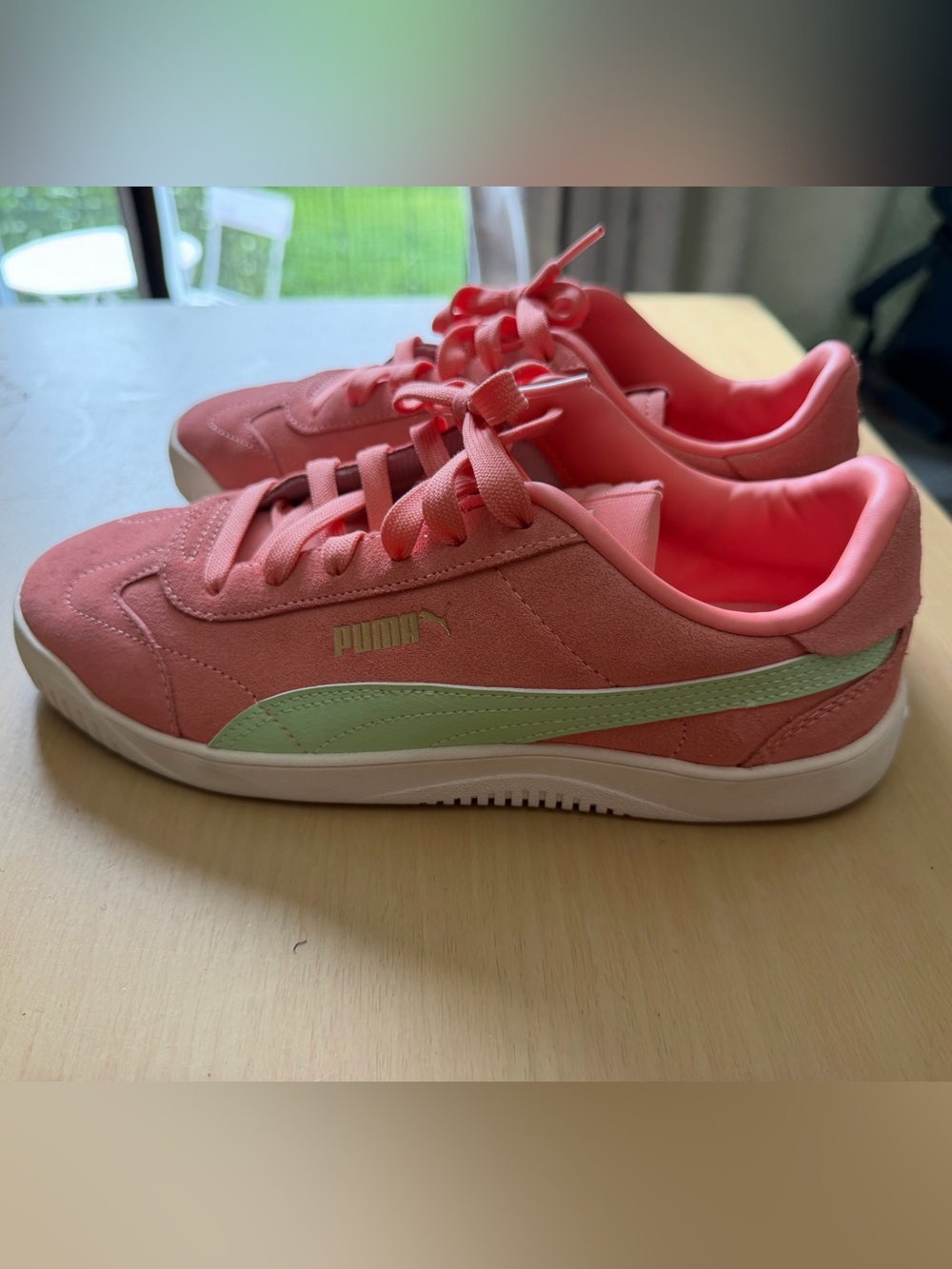 Puma Coral Pink Suede Sneakers with Mint Stripe
